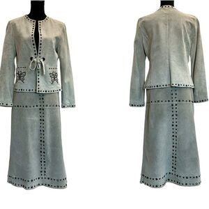 Sandra Angelozzi gray taupe suede butterfly grommet blazer midi pencil skirt set